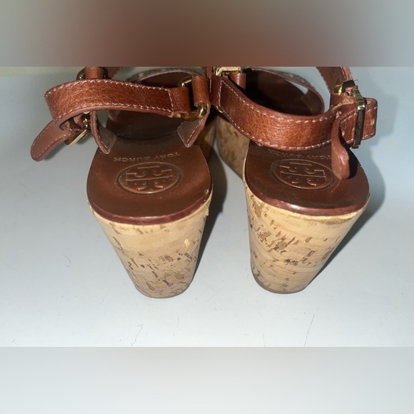 Tory burch regan burlap T logo platform wedge Leather sandals US 7M Brown​​​​​ - Picture 4 of 6